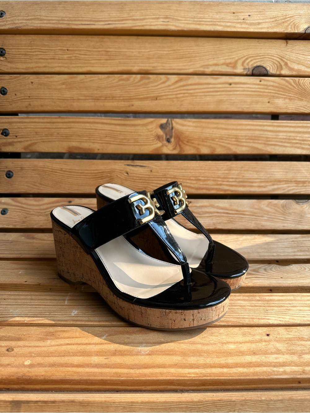 Sam Edelman Black Patent Cork Wedge Sandals with Gold Logo